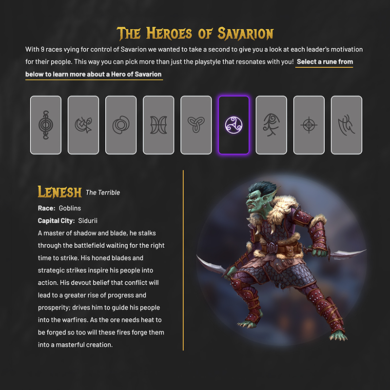 Savarion homepage hero section showing the world of Lenesh and the site's cinematic visual storytelling.