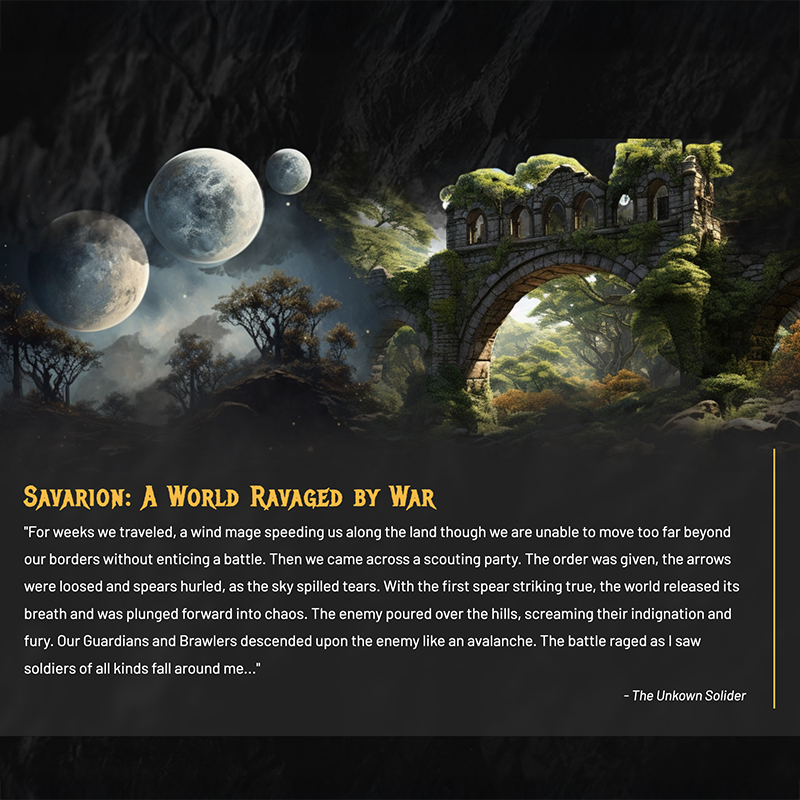 Savarion lore interface highlighting worldbuilding content and supporting feature design on the site.