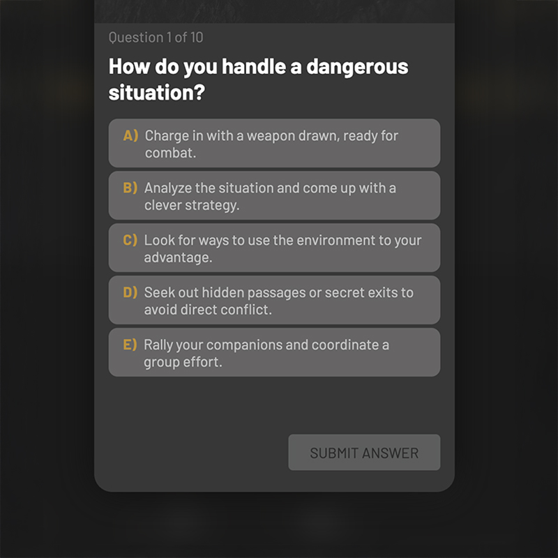 Which Race Are You quiz on Savarion, an interactive feature that matches visitors to a race through guided questions.